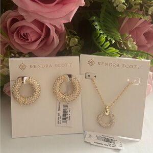 NWT Kendra Scott Set of Mikki Pave Hoop Earrings +Necklace in Gold White Crystal